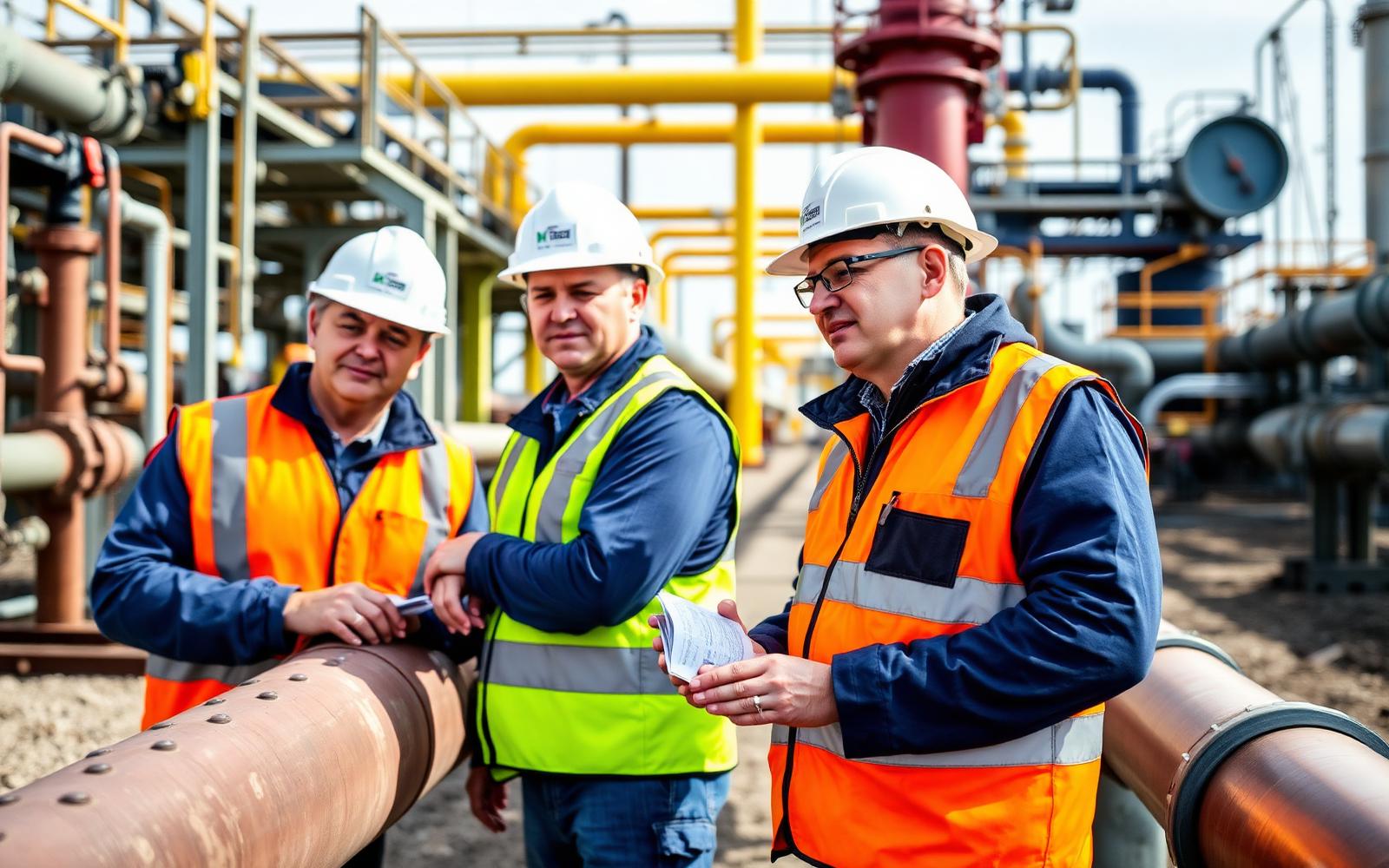 Petroleum operations professionals reviewing safety documentation